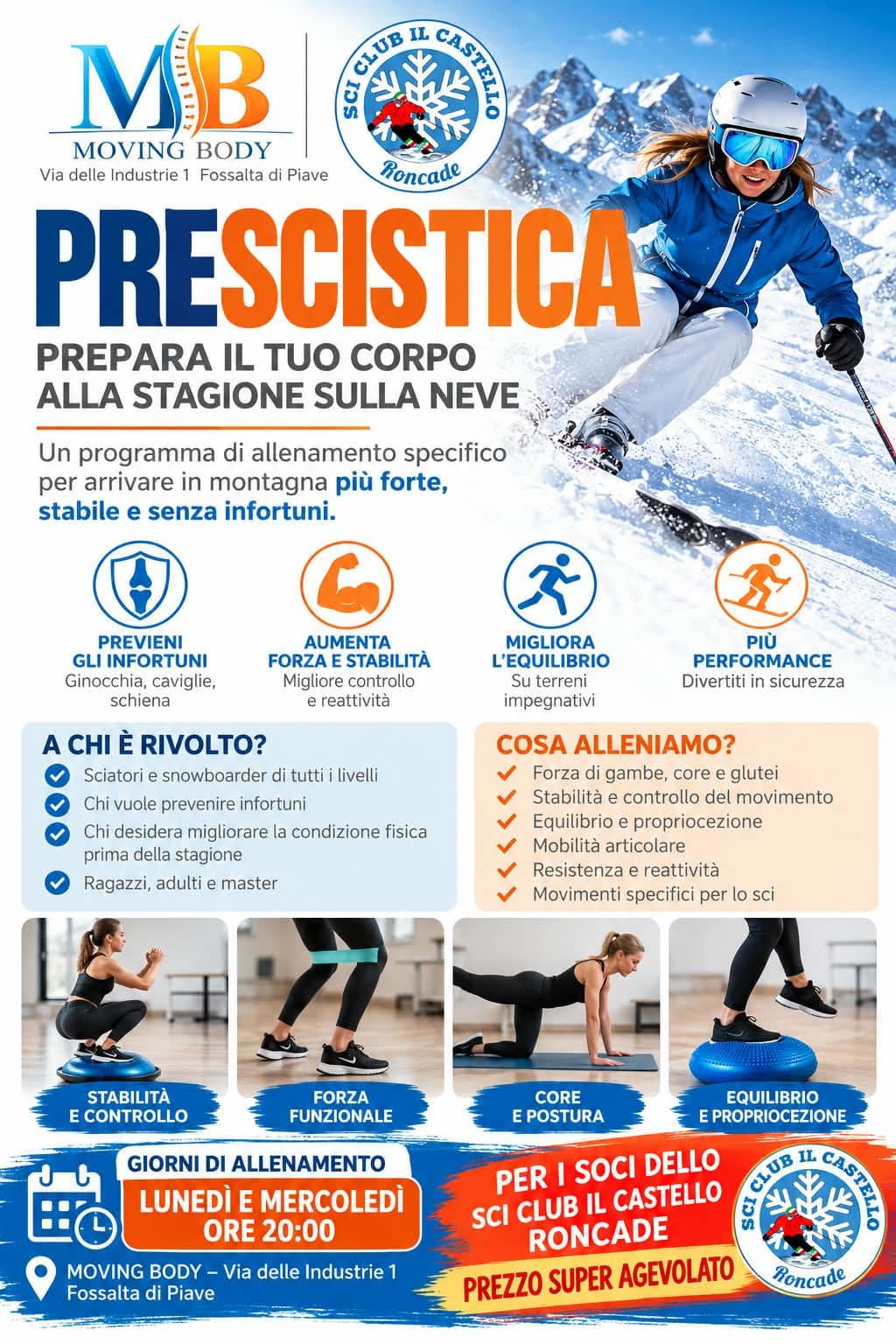 Locandina completa della presciistica Moving Body per i soci dello Sci Club Il Castello: allenamento di forza, stabilità, equilibrio, mobilità e resistenza per sciatori e snowboarder di tutti i livelli, ragazzi, adulti e master.
